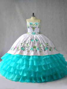 Beautiful Floor Length Blue And White Quinceanera Gowns Organza Sleeveless Embroidery and Ruffled Layers