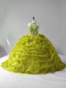 Charming Olive Green Lace Up Quinceanera Dress Beading and Pick Ups Sleeveless Court Train