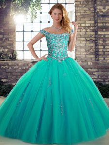 Charming Turquoise Quinceanera Gown Military Ball and Sweet 16 and Quinceanera with Beading Off The Shoulder Sleeveless Lace Up