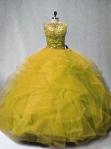 Custom Design Olive Green Ball Gowns Tulle Bateau Sleeveless Beading and Ruffles Lace Up 15 Quinceanera Dress Court Train