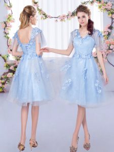 Short Sleeves Tulle Knee Length Lace Up Dama Dress in Light Blue with Appliques