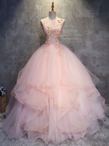Customized Ball Gowns Ball Gown Prom Dress Pink Scoop Tulle Sleeveless Floor Length Lace Up