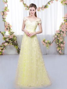 Cap Sleeves Floor Length Appliques Lace Up Quinceanera Court of Honor Dress with Light Yellow