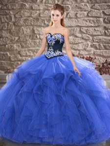 Flare Blue Ball Gowns Sweetheart Sleeveless Tulle Floor Length Lace Up Beading and Embroidery Sweet 16 Dress