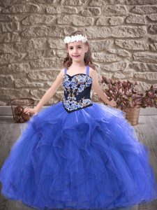 Discount Royal Blue Tulle Lace Up Pageant Gowns For Girls Sleeveless Floor Length Embroidery and Ruffles