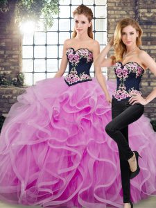 Low Price Sleeveless Floor Length Embroidery and Ruffles Lace Up Vestidos de Quinceanera with Lilac Sweep Train