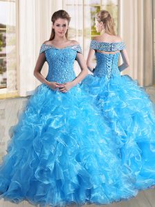 Baby Blue A-line Off The Shoulder Sleeveless Organza Sweep Train Lace Up Beading and Lace and Ruffles 15th Birthday Dress
