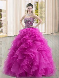 Ball Gowns 15 Quinceanera Dress Fuchsia Sweetheart Organza Sleeveless Floor Length Lace Up