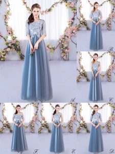 Wonderful Half Sleeves Tulle Floor Length Lace Up Vestidos de Damas in Blue with Lace