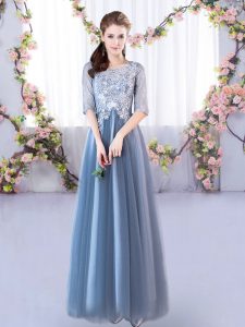 Blue A-line Scoop Half Sleeves Tulle Floor Length Lace Up Lace Dama Dress for Quinceanera