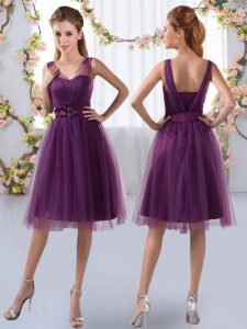 Lovely Sleeveless Tulle Knee Length Zipper Damas Dress in Purple with Appliques