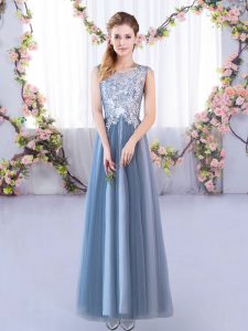 Custom Fit Floor Length Lace Up Dama Dress for Quinceanera Blue for Prom and Party and Wedding Party with Lace
