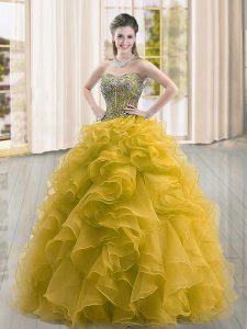 Glittering Floor Length Gold Quinceanera Dress Sweetheart Sleeveless Lace Up