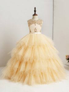 Gorgeous Gold Ball Gowns Tulle Scoop Sleeveless Beading and Ruffles Floor Length Zipper Little Girls Pageant Dress