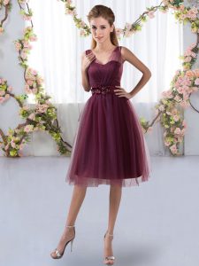 Inexpensive Sleeveless Knee Length Appliques Zipper Quinceanera Court of Honor Dress with Burgundy