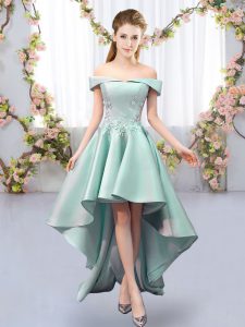 Off The Shoulder Sleeveless Quinceanera Court of Honor Dress High Low Appliques Apple Green Satin