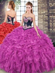 Suitable Fuchsia Sleeveless Sweep Train Embroidery and Ruffles 15 Quinceanera Dress