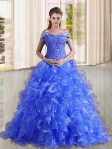 Blue Sleeveless Sweep Train Beading and Lace and Ruffles Quince Ball Gowns