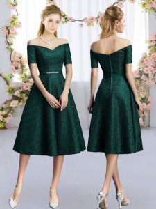 Dark Green A-line Belt Dama Dress Lace Short Sleeves Tea Length