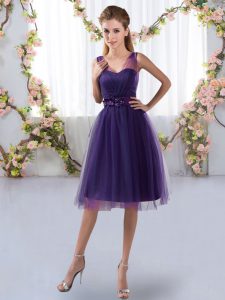 Cheap Purple Tulle Zipper Dama Dress for Quinceanera Sleeveless Knee Length Appliques