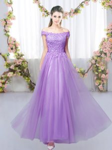 Elegant Off The Shoulder Sleeveless Lace Up Vestidos de Damas Lavender Tulle