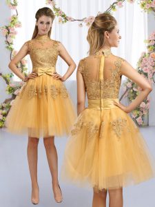 Fashionable Knee Length Gold Quinceanera Court of Honor Dress High-neck Cap Sleeves Zipper