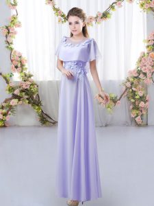 Modest Lavender Empire Appliques Dama Dress for Quinceanera Zipper Chiffon Short Sleeves Floor Length