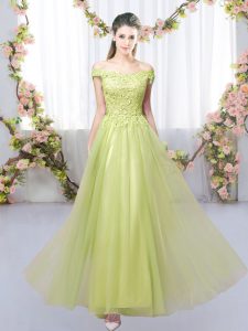 Yellow Green Tulle Lace Up Off The Shoulder Sleeveless Floor Length Quinceanera Court Dresses Lace