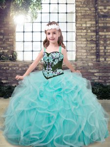 Floor Length Aqua Blue Pageant Dress Wholesale Tulle Sleeveless Embroidery and Ruffles