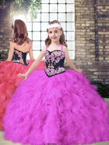 Custom Made Fuchsia Little Girl Pageant Gowns Party and Wedding Party with Embroidery and Ruffles Straps Sleeveless Lace Up