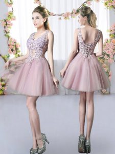 Pink Tulle Lace Up V-neck Sleeveless Mini Length Quinceanera Dama Dress Appliques