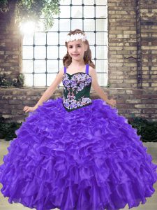 Eye-catching Purple Ball Gowns Embroidery Pageant Dress for Teens Lace Up Organza Sleeveless Floor Length