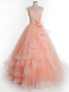 Peach Sleeveless Floor Length Ruffles Lace Up Ball Gown Prom Dress
