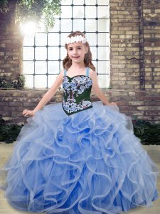 Superior Sleeveless Floor Length Embroidery and Ruffles Lace Up Pageant Dress for Girls with Light Blue