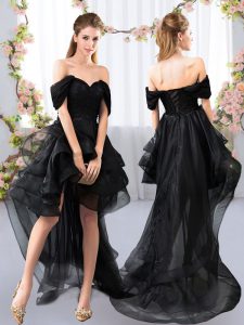 Unique Black Tulle Lace Up Quinceanera Court of Honor Dress Short Sleeves High Low Lace and Ruffled Layers