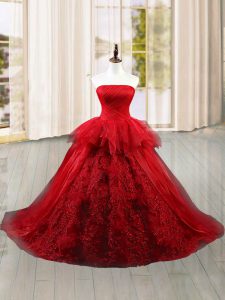 Flare Wine Red Sleeveless Tulle Brush Train Lace Up Quinceanera Gown for Military Ball and Sweet 16 and Quinceanera