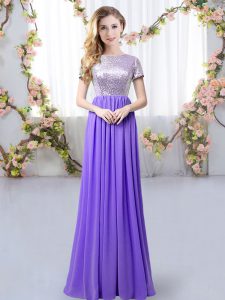 Short Sleeves Floor Length Sequins Zipper Dama Dress with Lavender