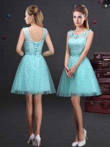 Deluxe Scoop Sleeveless Lace and Appliques and Belt Lace Up Dama Dress