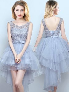 Scoop Grey Sleeveless High Low Lace and Ruffles and Belt Lace Up Quinceanera Court Dresses