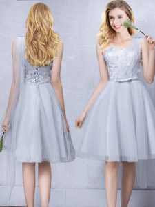 One Shoulder Sleeveless Lace Up Knee Length Lace and Appliques and Belt Dama Dress for Quinceanera