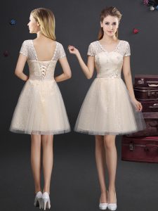 Short Sleeves Lace Up Mini Length Lace and Appliques and Belt Damas Dress