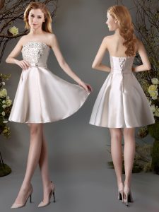 Champagne A-line Appliques and Bowknot Quinceanera Court Dresses Lace Up Satin Sleeveless Mini Length
