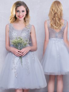 Wonderful Scoop Mini Length Grey Quinceanera Dama Dress Tulle Sleeveless Beading and Appliques