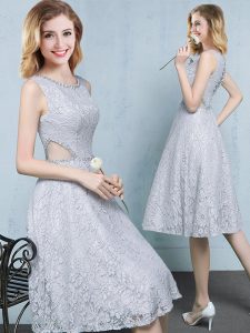Wonderful Scoop Grey Empire Beading Quinceanera Court Dresses Lace Up Lace Sleeveless Knee Length