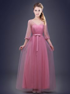 Pink Half Sleeves Ruching and Bowknot Floor Length Dama Dress for Quinceanera