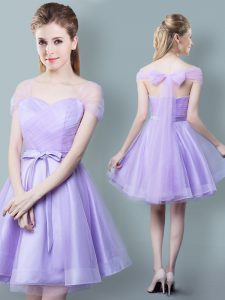 Straps Cap Sleeves Knee Length Zipper Court Dresses for Sweet 16 Lavender for Prom and Party and Wedding Party with Ruching and Bowknot