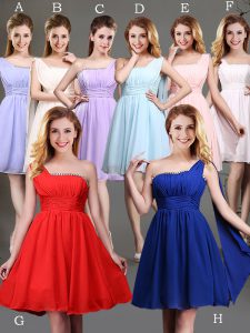 Cheap Red and Champagne Chiffon Zipper One Shoulder Sleeveless Mini Length Quinceanera Court of Honor Dress Beading and Ruching