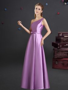Customized One Shoulder Lilac Elastic Woven Satin Zipper Quinceanera Court Dresses Sleeveless Floor Length Bowknot