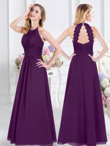 Halter Top Purple Sleeveless Ruching Floor Length Quinceanera Dama Dress