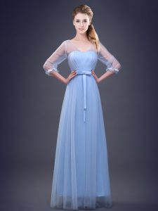Most Popular Light Blue Empire Ruching and Bowknot Dama Dress Lace Up Tulle Half Sleeves Floor Length